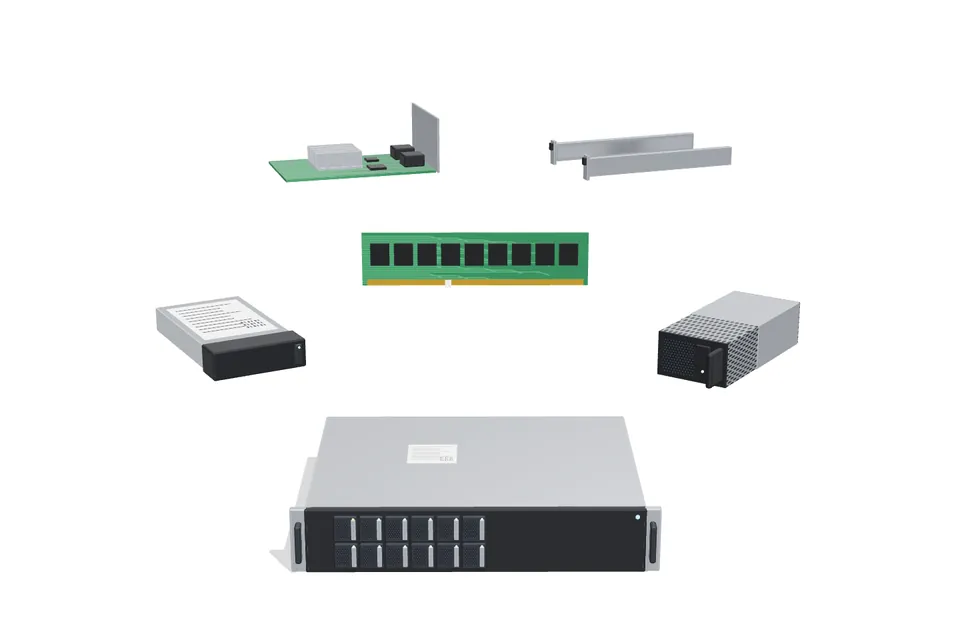 Serveur et ses pièces : disques, mémoire, alimentation, contrôleur RAID, rails